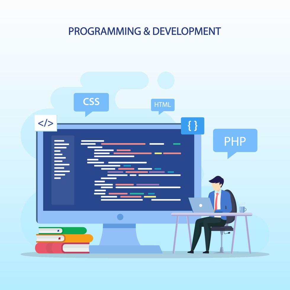 Programmers at work concept, People work on table using laptops programming and coding, programming languages. css, html, PHP, ui. Flat vector template