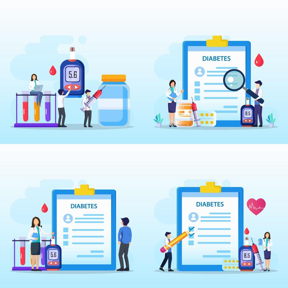 Medicine diabetes concept. The doctor tests the level of glucose in the blood, prescribes statins. Flat vector illustration.