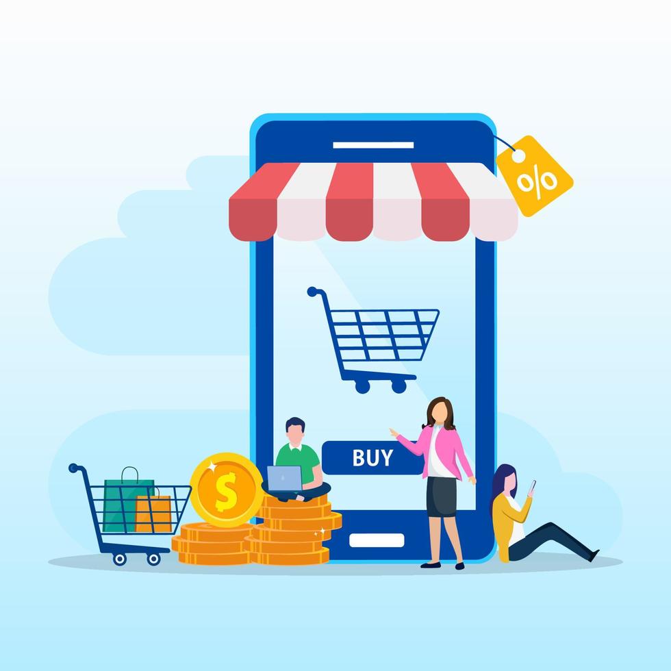 Discounts, Sale Vector Illustration. Online Store in the Mobile Application of the Smartphone. Tiny People choose goods at Low Prices in their Gadgets