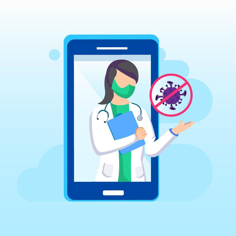 Online Doctor educate a pandemic corona virus warning with medical mask to protect. landing page website illustration flat vector