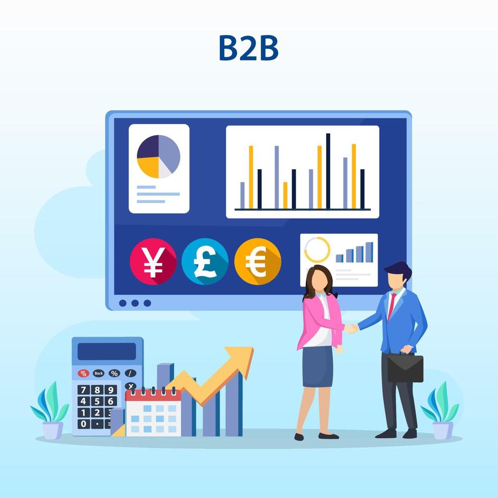 concepto de marketing de empresa a empresa, solución b2b, dos socios comerciales dándose la mano. vector