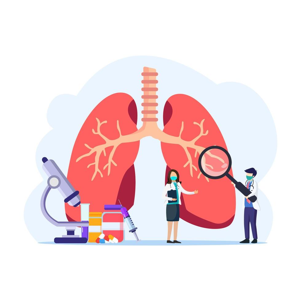 concepto de neumología, examen del sistema físico y respiratorio e ilustración del vector de tratamiento.