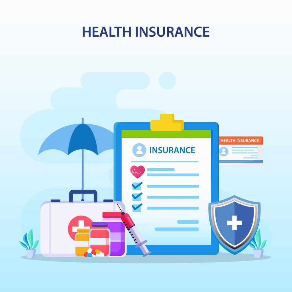 Health insurance concept. Big clipboard with document on it under the umbrella. vector illustration