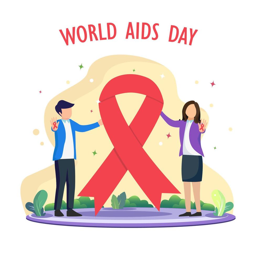 Conceptual Design World AIDS day. A couple celebrating World AIDS Day Awareness with Red Ribbon. Flat vector template