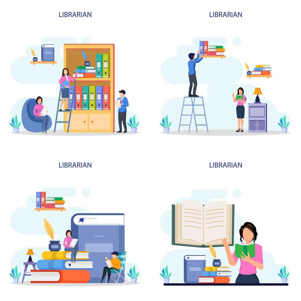 Librarian concept vector illustration. Llibrary reading room guid.