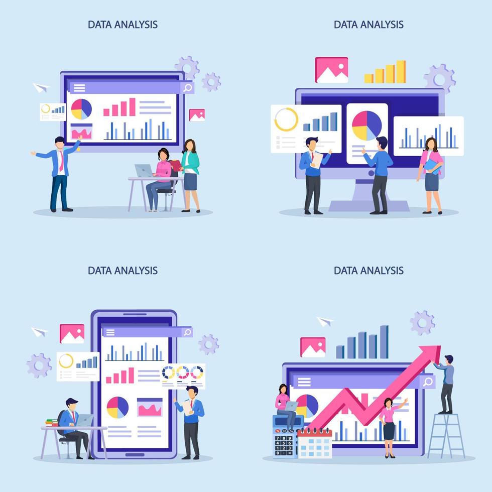 vector de ilustración de análisis de datos. estadística para el concepto de inversión en finanzas empresariales en el panel de control del gráfico del monitor