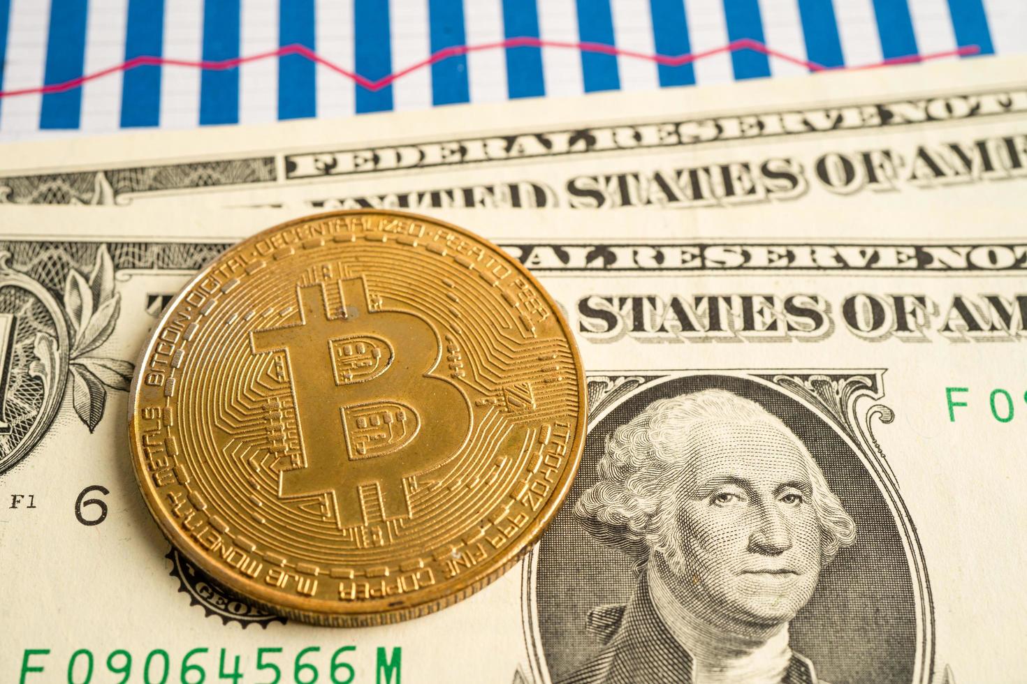 Gold bitcoin on US dollar banknotes for electronic worldwide exchange virtual money, blockchain, cryptocurrency photo