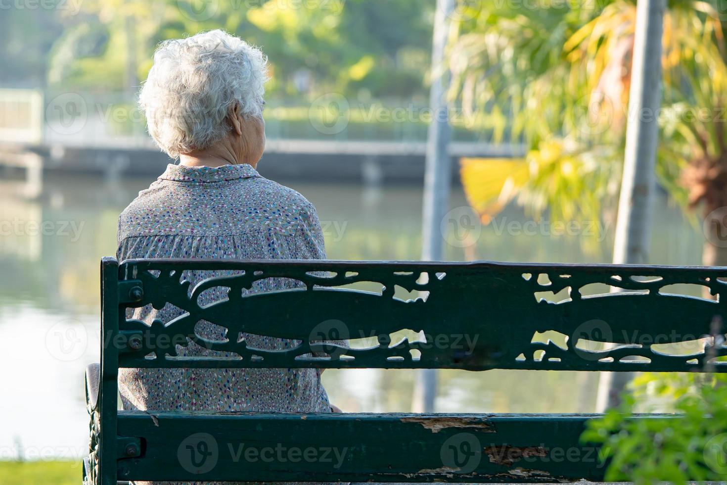 Asian elderly woman depressed and sad sitting back on bench in autumn park. photo