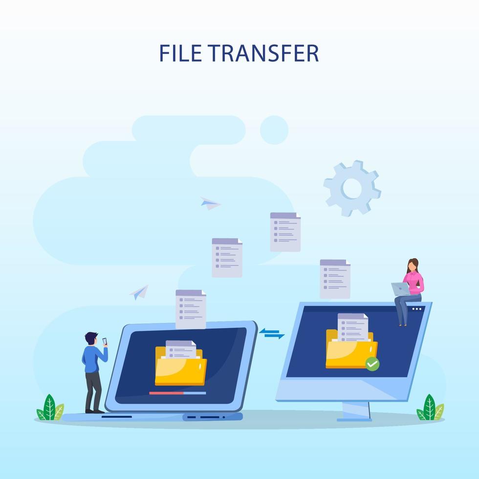 concepto de transferencia de archivos, datos de copia de seguridad, nube de tecnología, carga y descarga, plantilla de vector plano