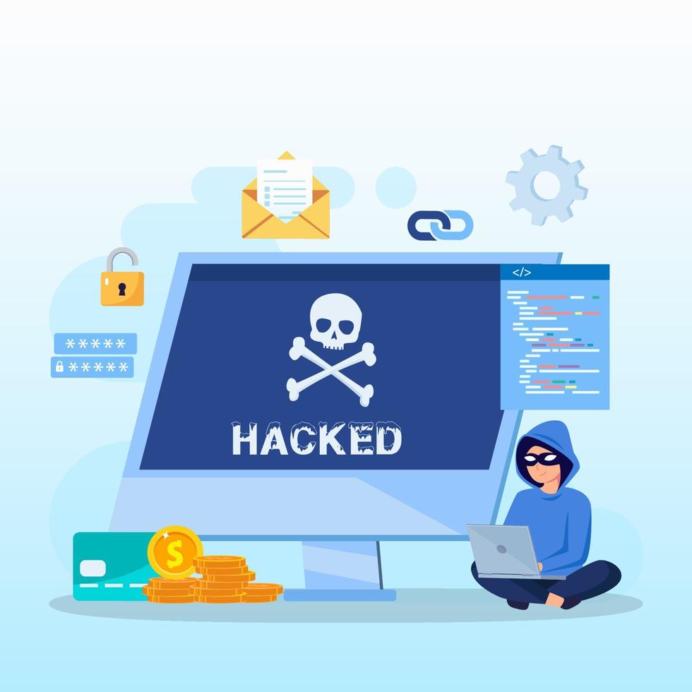 Illustration of laptop computer and cyber criminal looking for password vector