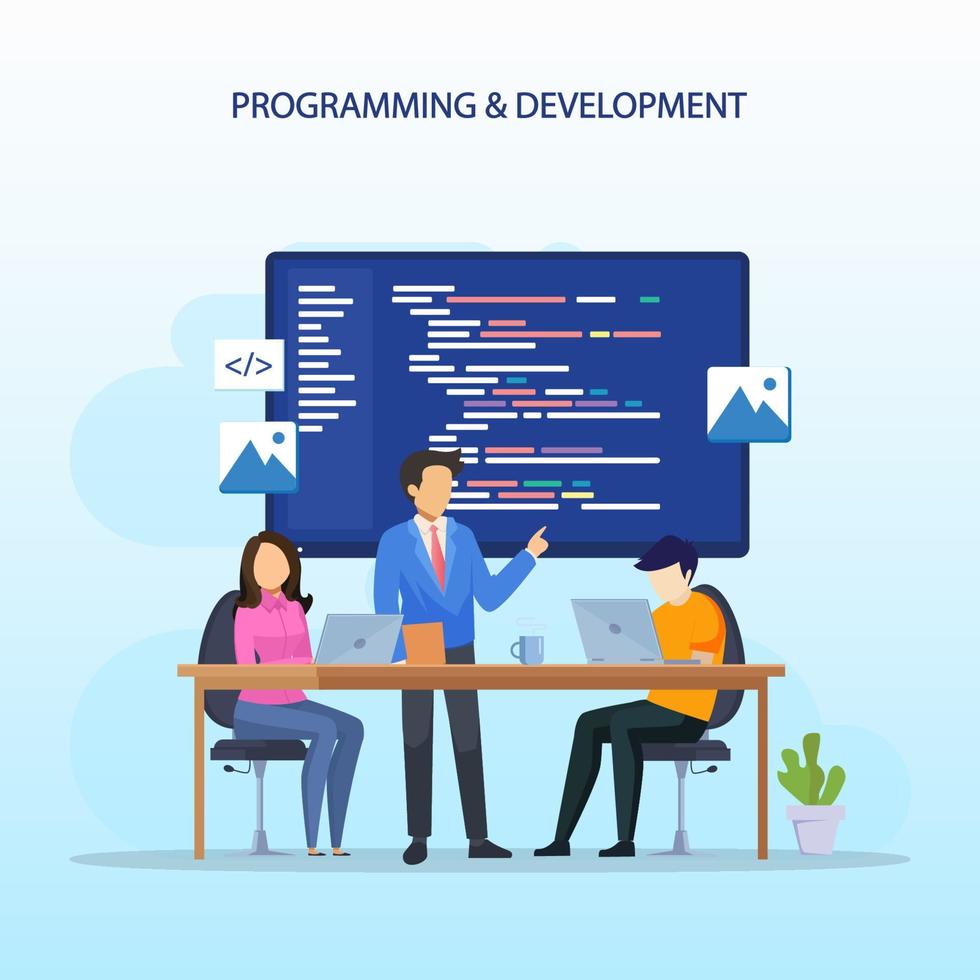 Programmers at work concept, People work on table using laptops programming and coding, programming languages. css, html, PHP, ui. Flat vector template