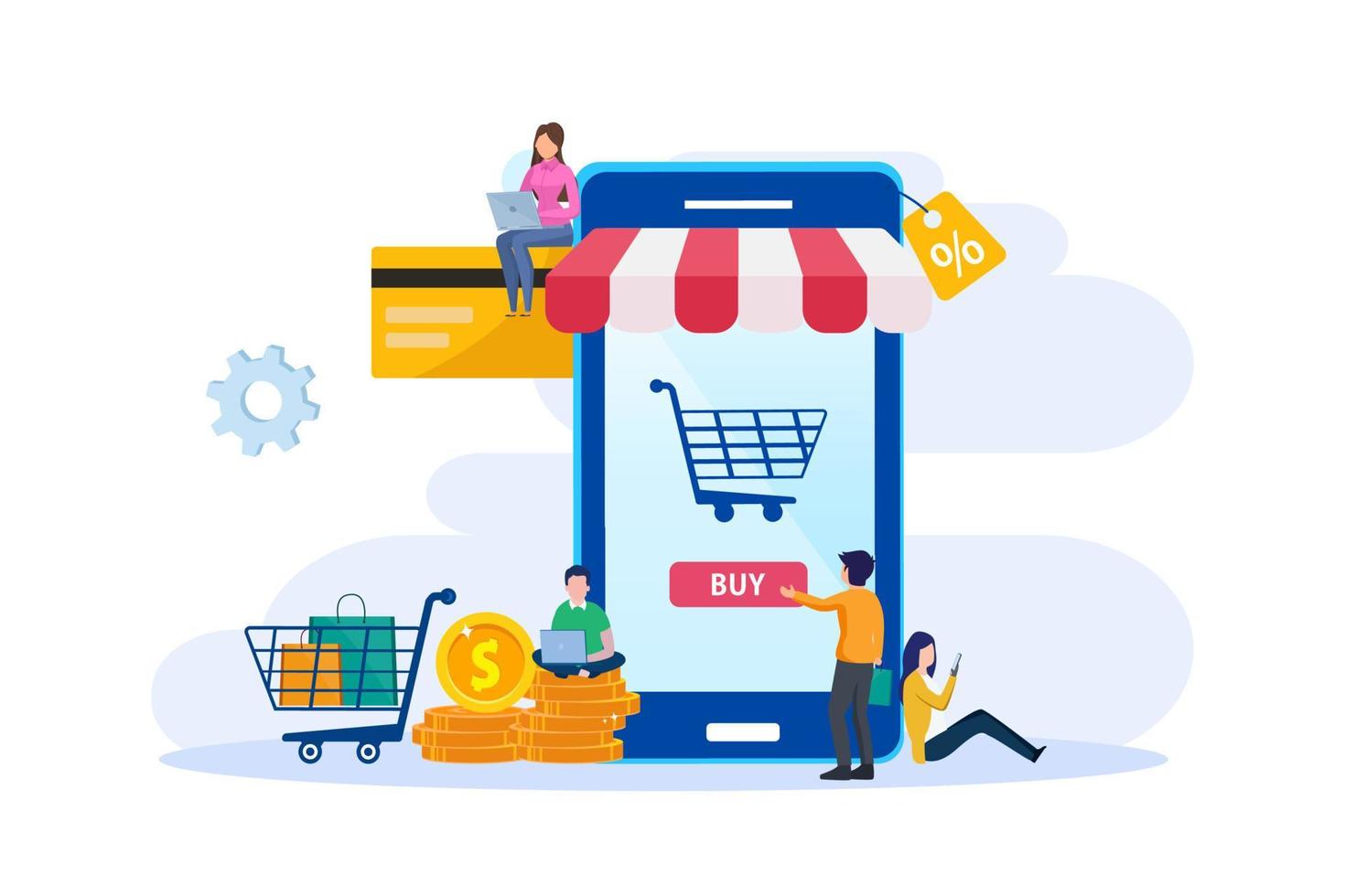Discounts, Sale Vector Illustration. Online Store in the Mobile Application of the Smartphone. Tiny People choose goods at Low Prices in their Gadgets
