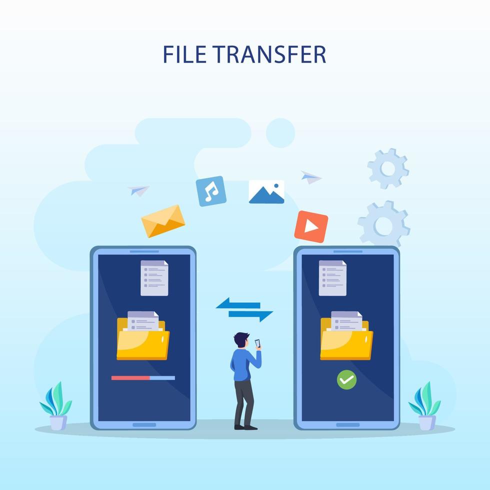 file transfer concept, backup data, technology cloud, upload and download, Flat vector template