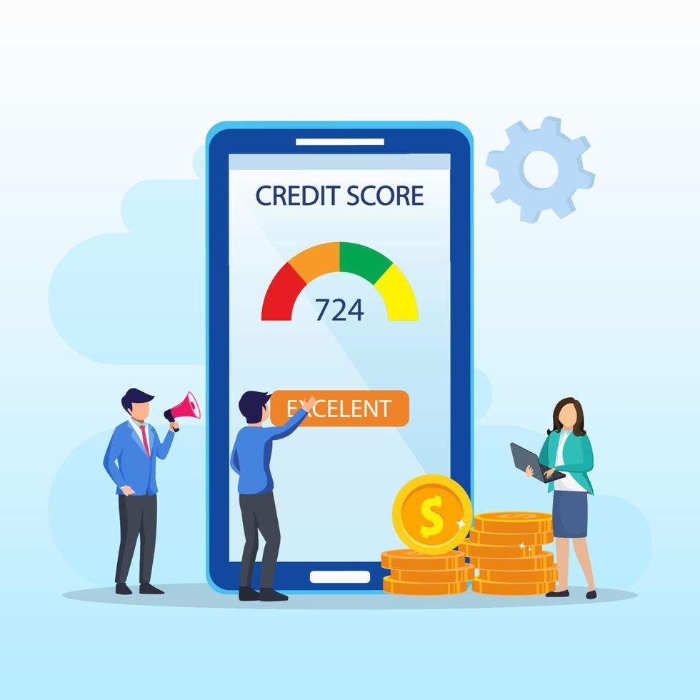 Credit score vector concept, Business people check credit score of while using laptop and smart phone. Flat vector