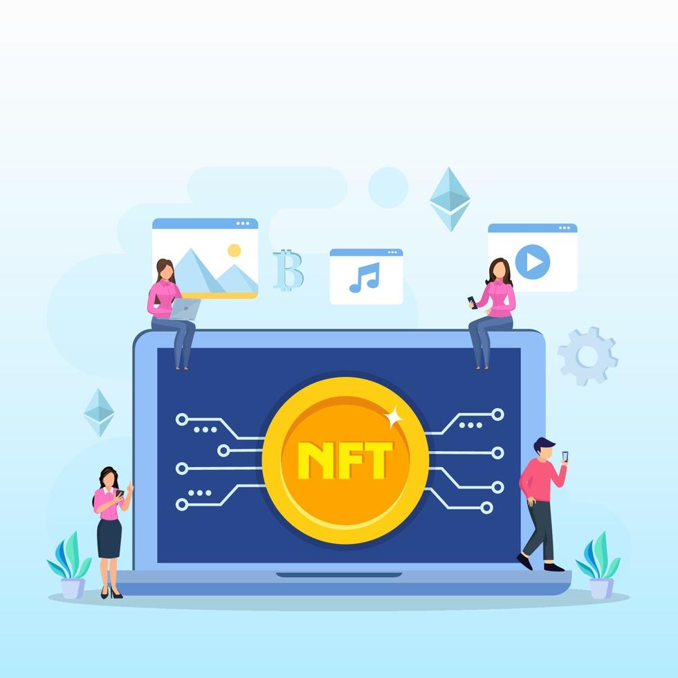 NFT non fungible token, digital crypto art blockchain technology, flat vector illustration,