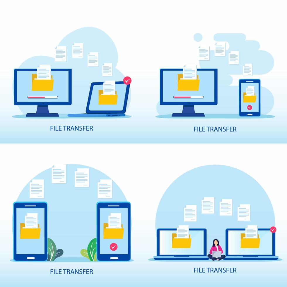 concepto de transferencia de archivos, datos de copia de seguridad, nube de tecnología, carga y descarga, plantilla de vector plano