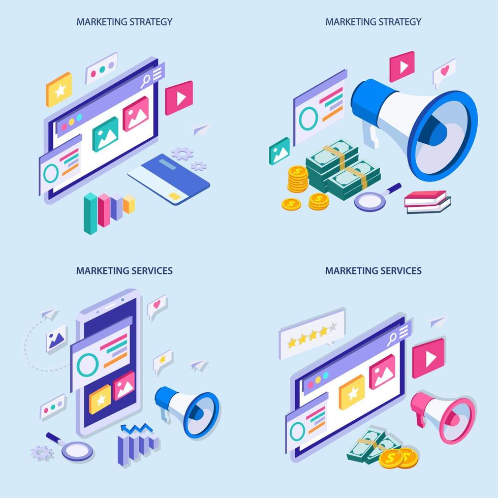 estrategia de marketing isométrica vectorial. análisis empresarial, estrategia de contenido y concepto de gestión. vector