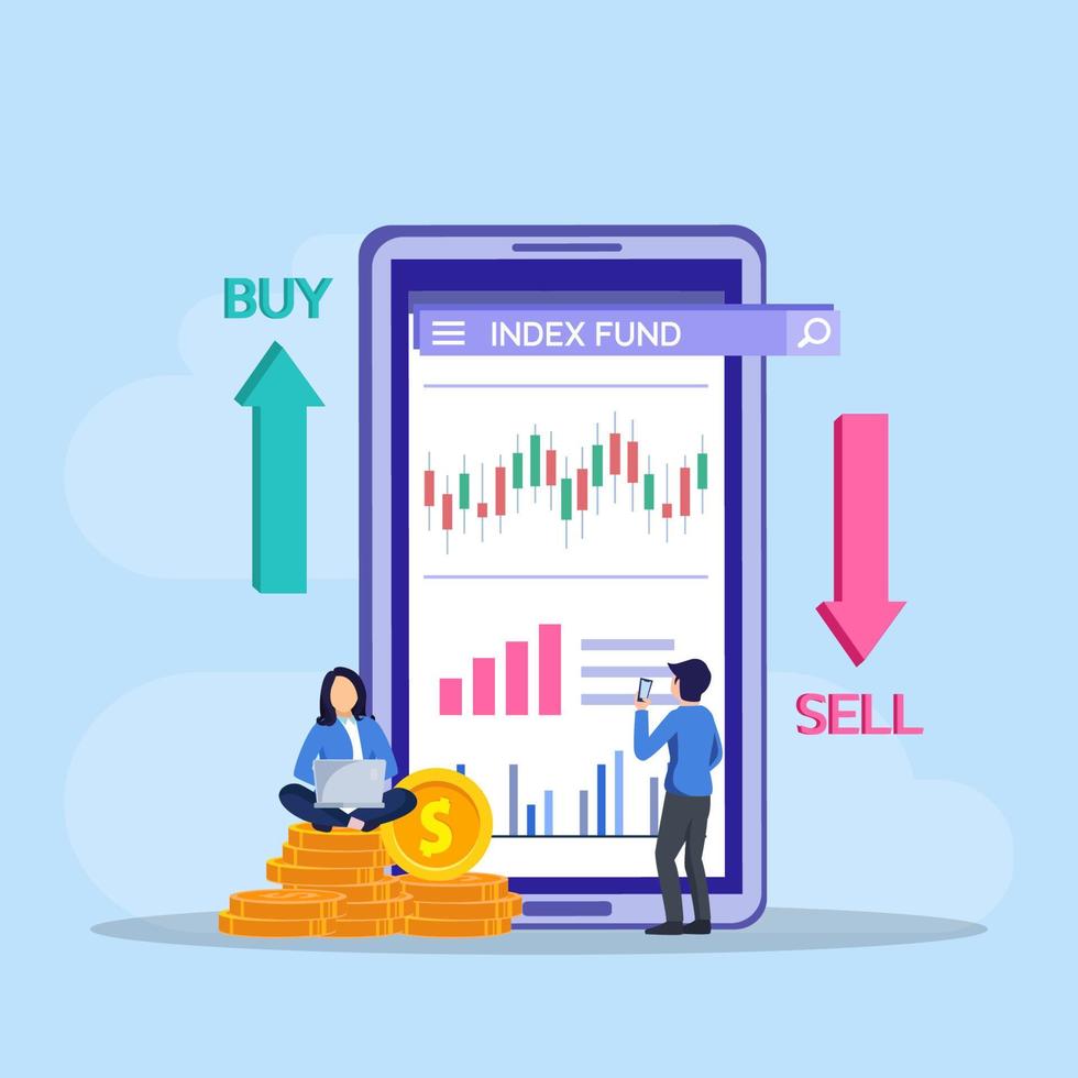 Index fund concept. business people analyzing a growth index fund graph vector illustration.