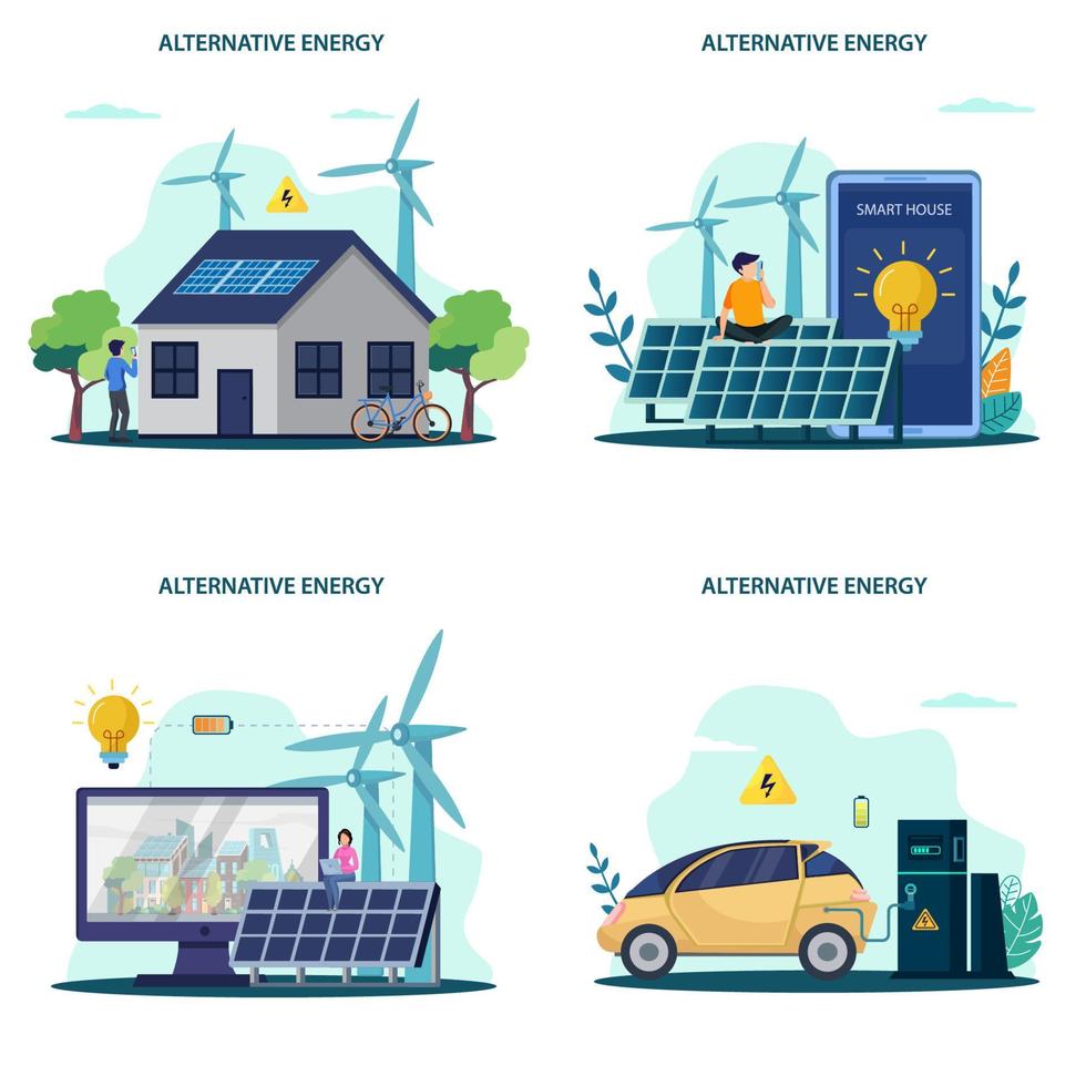 Ilustración de vector de energía alternativa. idea de ecología frinedly power, aplicación de energía de ciudad verde