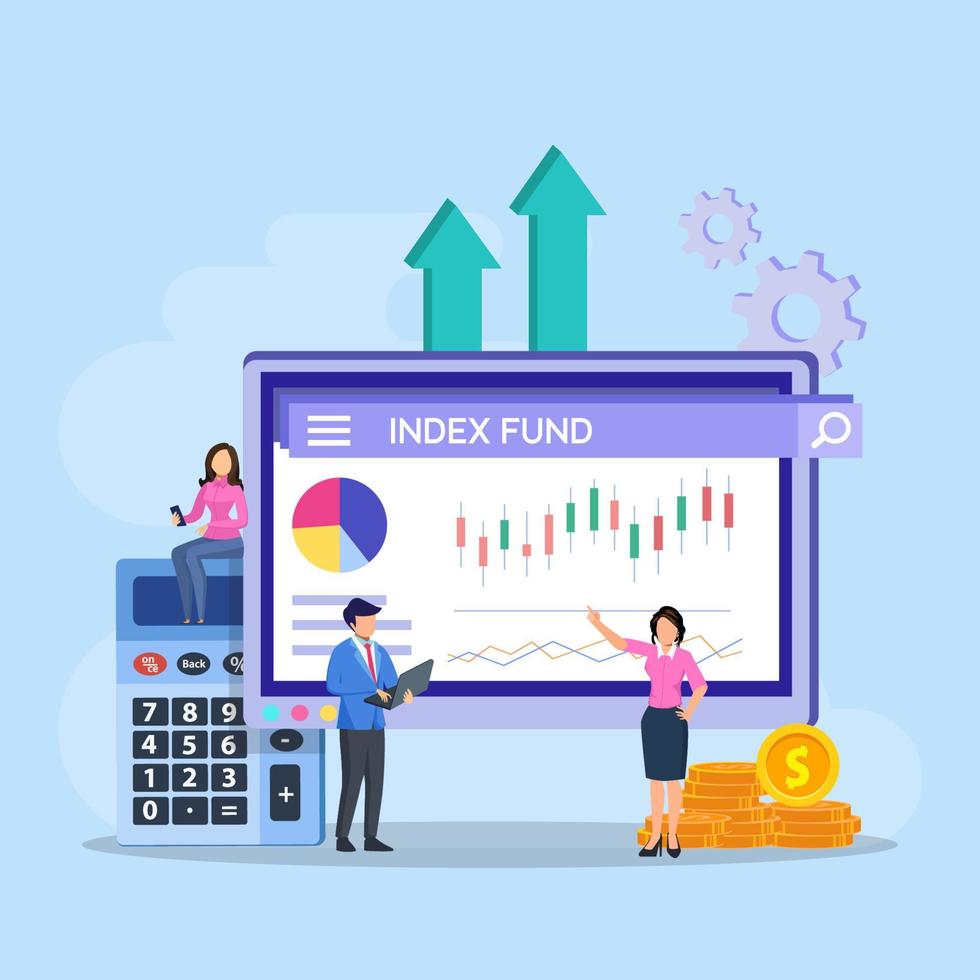 Index fund concept. business people analyzing a growth index fund graph vector illustration.