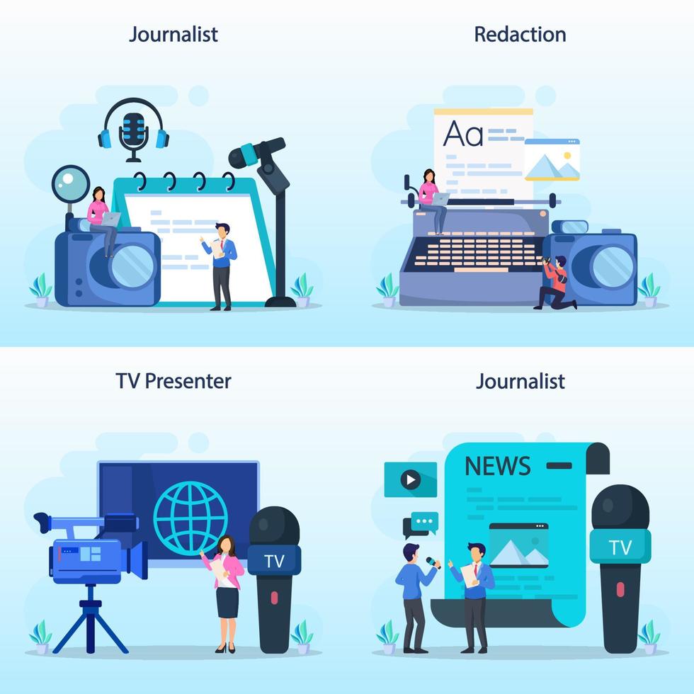 Journalist header concept. Newspaper, internet and journalism. Vector illustration in cartoon style