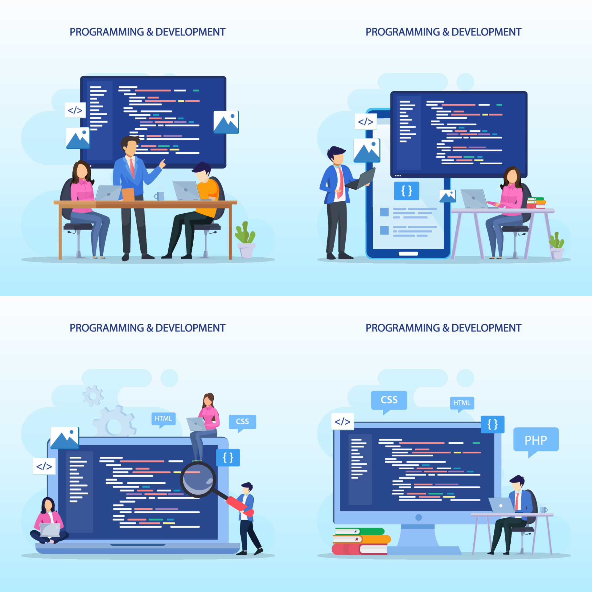 Programmers at work concept, People work on table using laptops ...