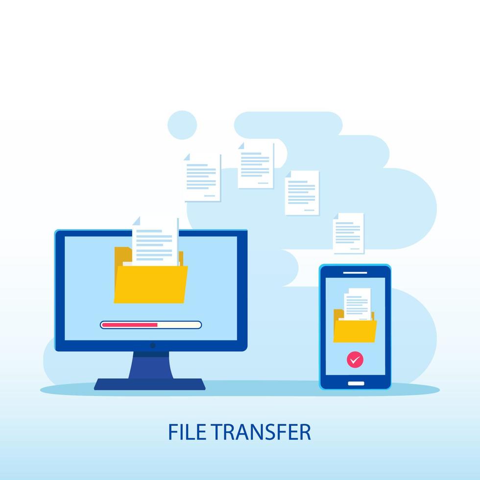 concepto de transferencia de archivos, datos de copia de seguridad, nube de tecnología, carga y descarga, plantilla de vector plano