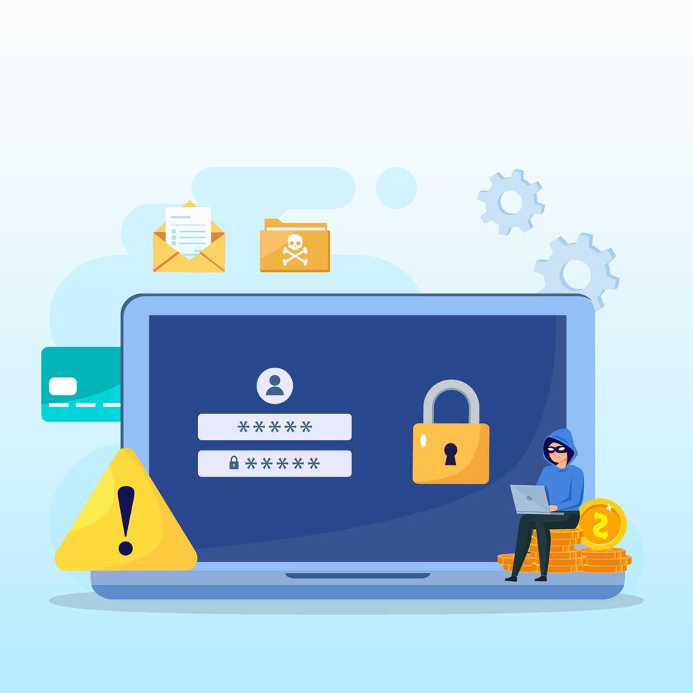 Illustration of laptop computer and cyber criminal looking for password vector