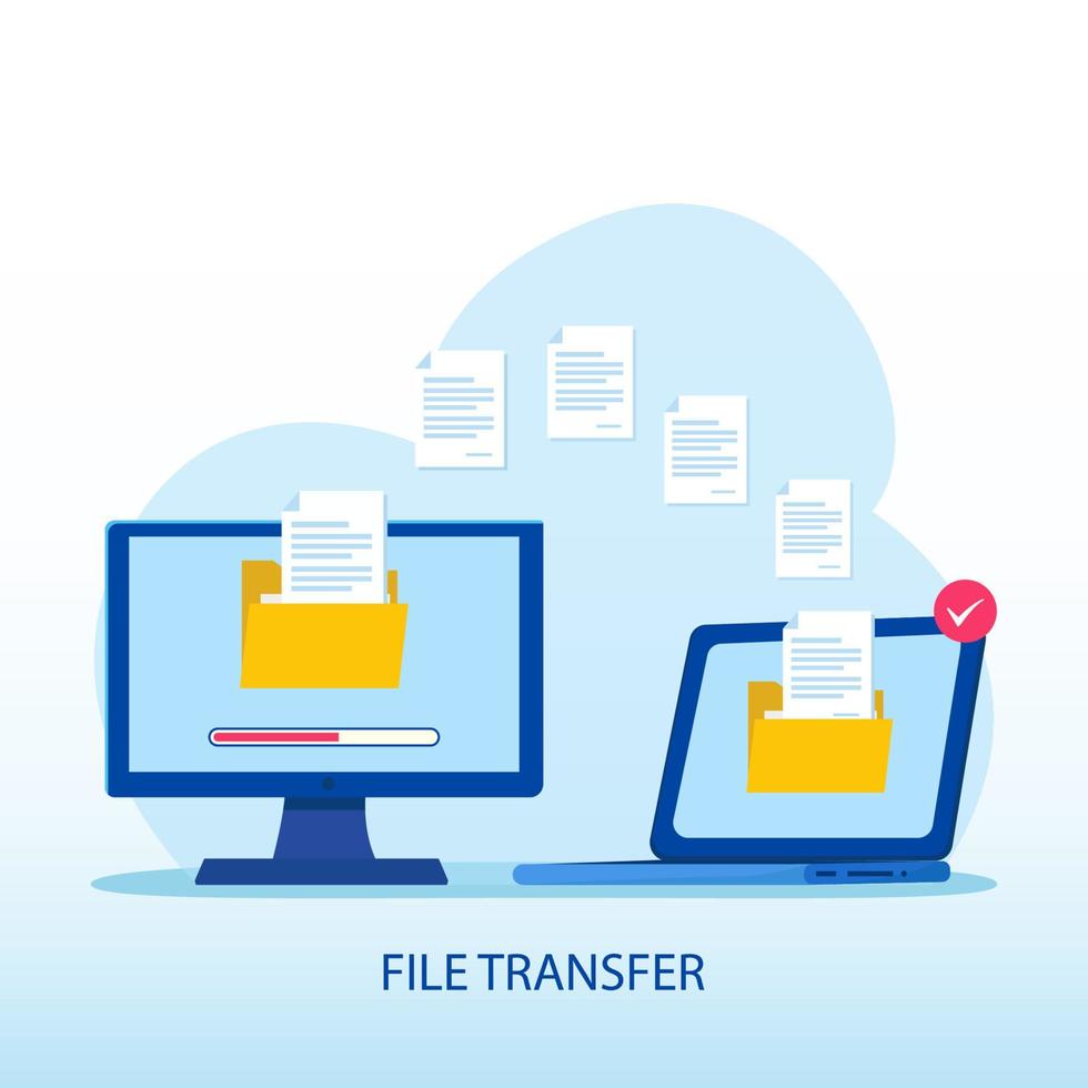 concepto de transferencia de archivos, datos de copia de seguridad, nube de tecnología, carga y descarga, plantilla de vector plano