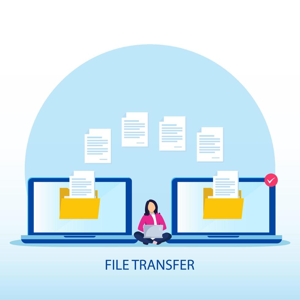 concepto de transferencia de archivos, datos de copia de seguridad, nube de tecnología, carga y descarga, plantilla de vector plano