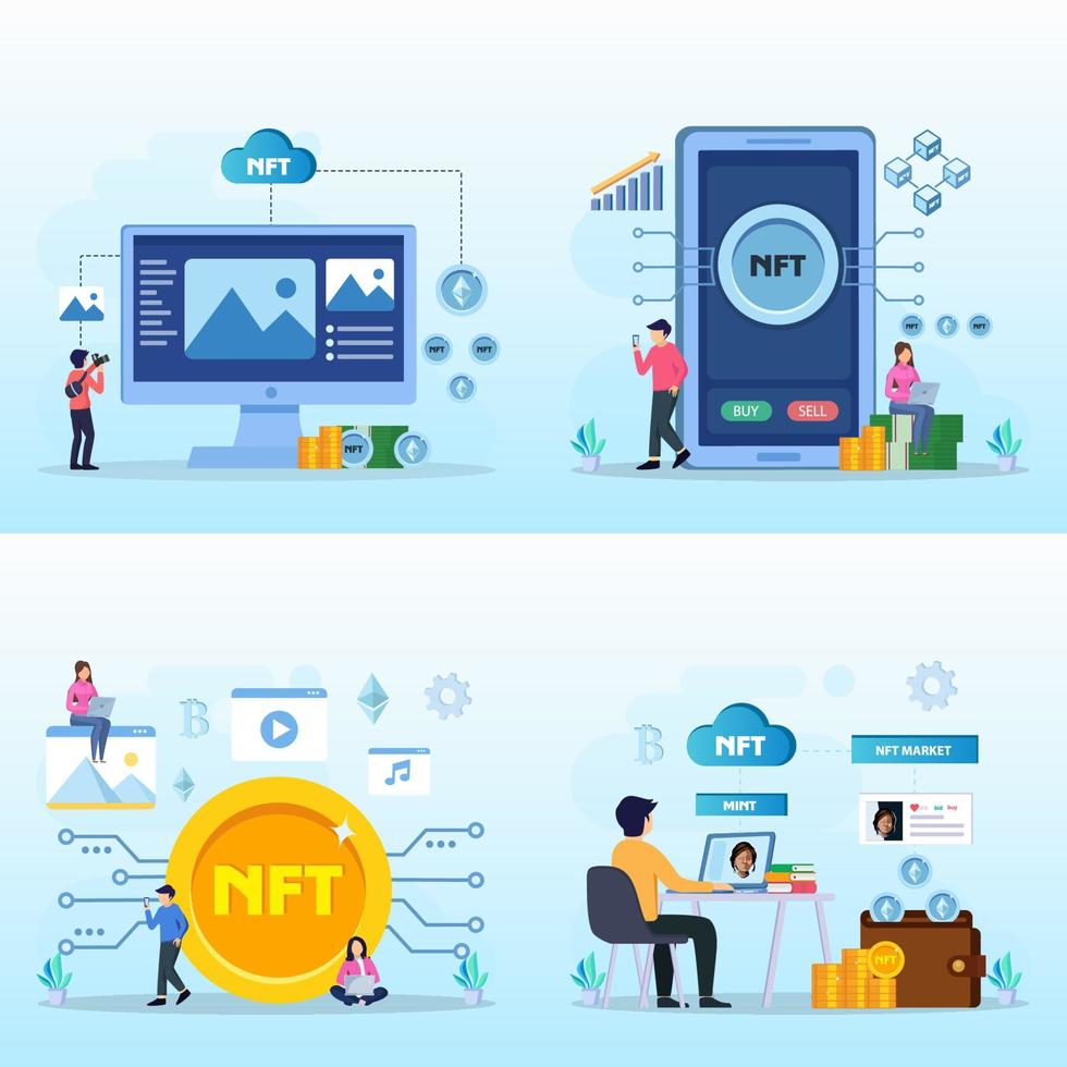NFT non fungible token, digital crypto art blockchain technology, flat vector illustration,