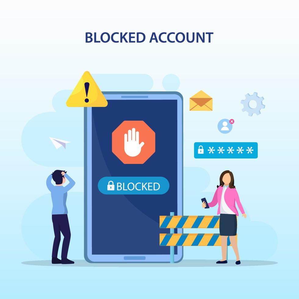 People are very surprised and feeling anxious about blocked user account. Experts help user to unblock account. Flat vector