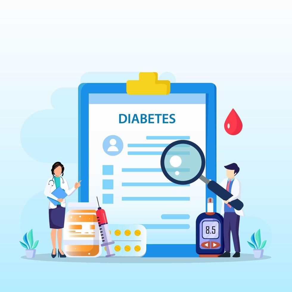 Medicine diabetes concept. The doctor tests the level of glucose in the blood, prescribes statins. Flat vector illustration.