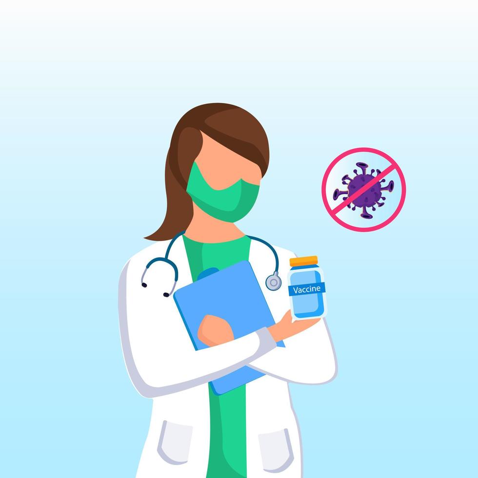 Doctor educate a pandemic corona virus warning with medical mask to protect. Holding Pills Bottle Icons of Medicine Treatment in Clinic or Hospital. landing page website illustration flat vector