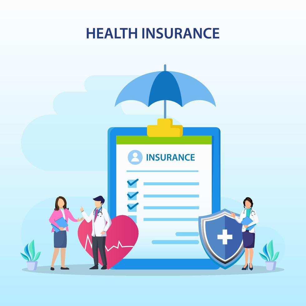 Health insurance concept. Big clipboard with document on it under the umbrella. vector illustration
