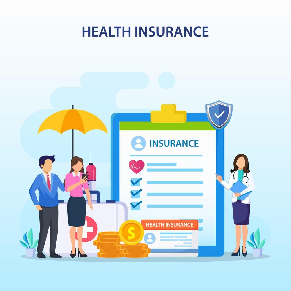 Health insurance concept. Big clipboard with document on it under the umbrella. vector illustration