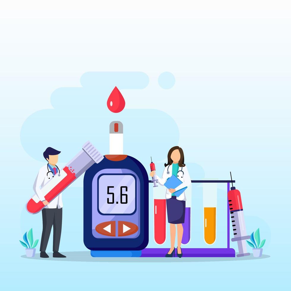 Medicine diabetes concept. The doctor tests the level of glucose in the blood, prescribes statins. Flat vector illustration.