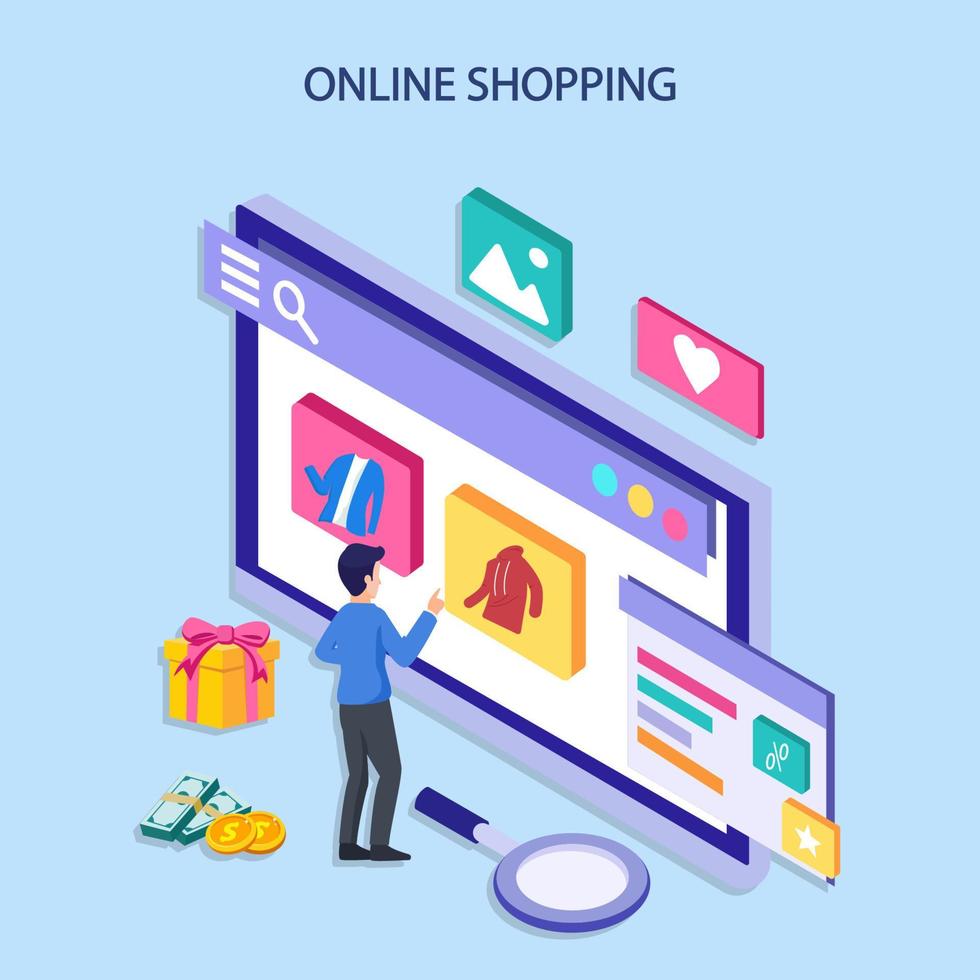 Online shopping isometric concept. mobile phone with bags shopping. vector