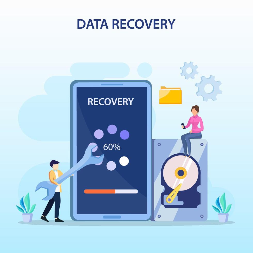 flat vector concept of data recovery services, data backup and protection, hardware repair.