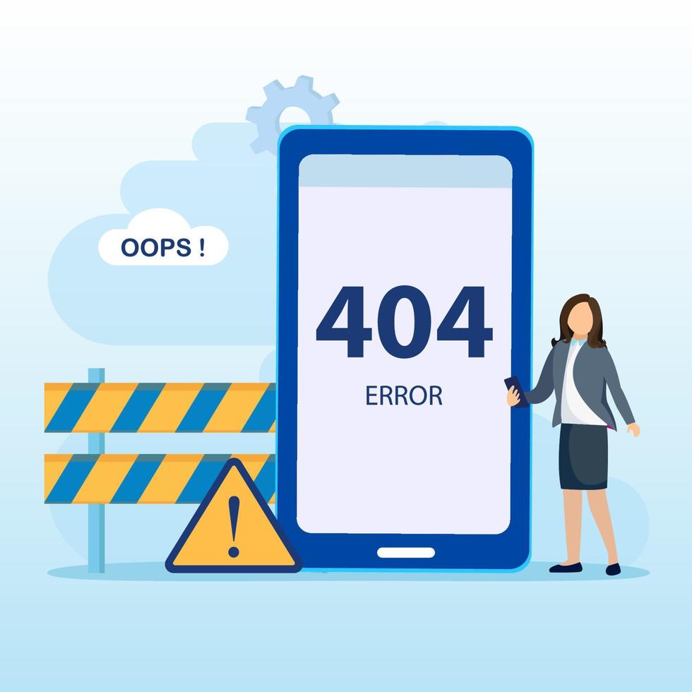 404 tecnología de sistema de mantenimiento de ilustración de error. mostrando 404 mensaje de problema de conexión a Internet, vector plano