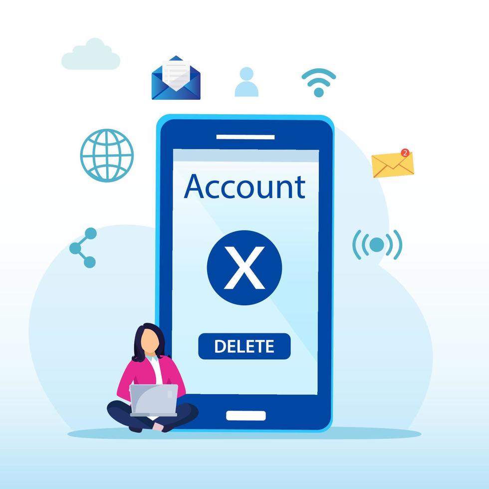 User deleting social account to waste bin. Concept of delete profile, account deactivation, remove data files or page. Flat vector illustration