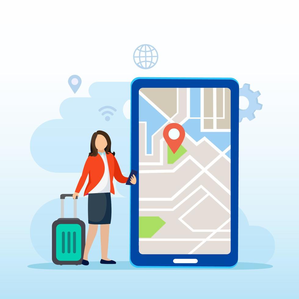 tecnología de mapas en línea, mujer con un teléfono inteligente, mapas digitales, navegación y dirección, estilo de plantilla de vector plano adecuado para páginas de destino web.