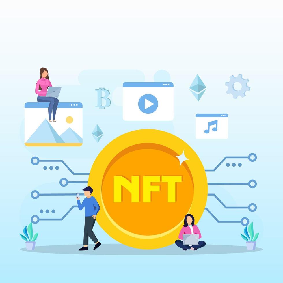 NFT non fungible token, digital crypto art blockchain technology, flat ...