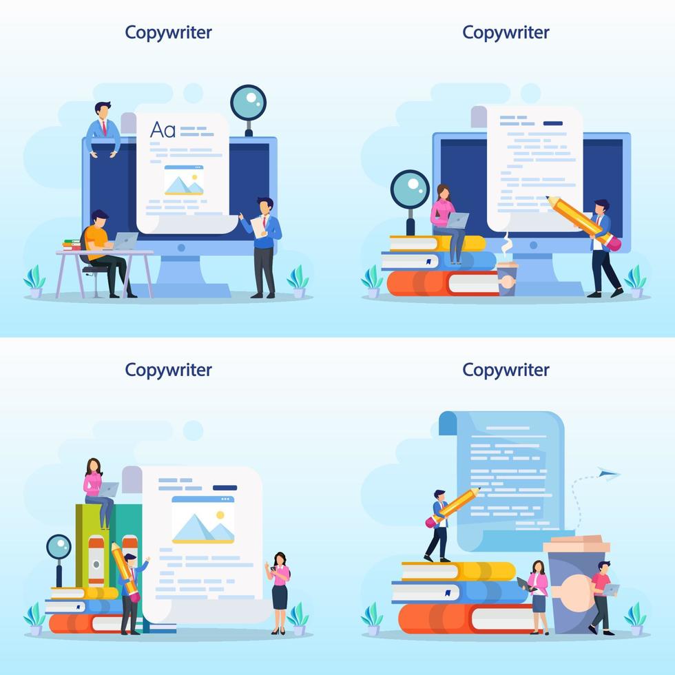 Copywriter web banner or landing page set. Idea of writing texts Flat vector