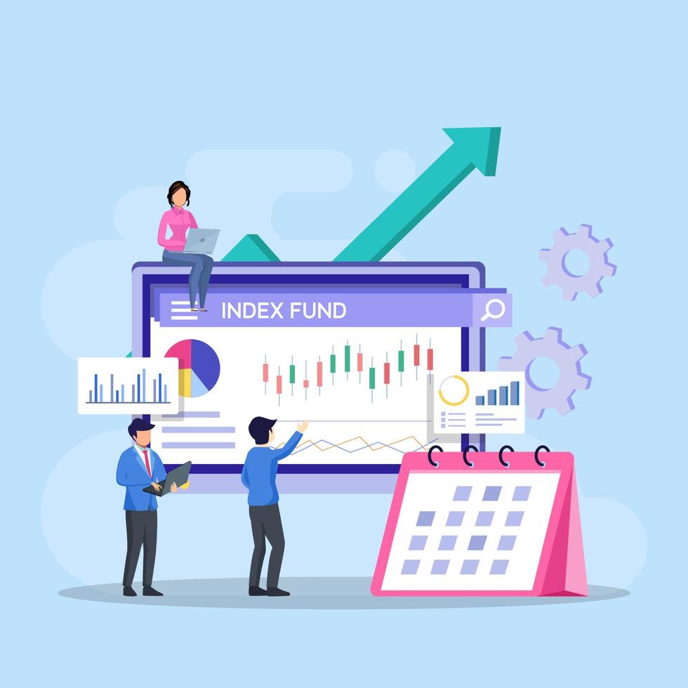 Index fund concept. business people analyzing a growth index fund graph vector illustration.