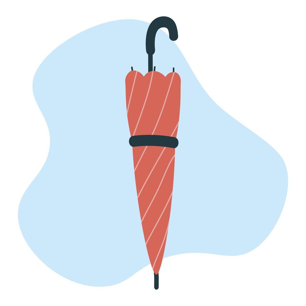 Closed red umbrella, handle parasol for rainy autumn weather. Vector flat illustration