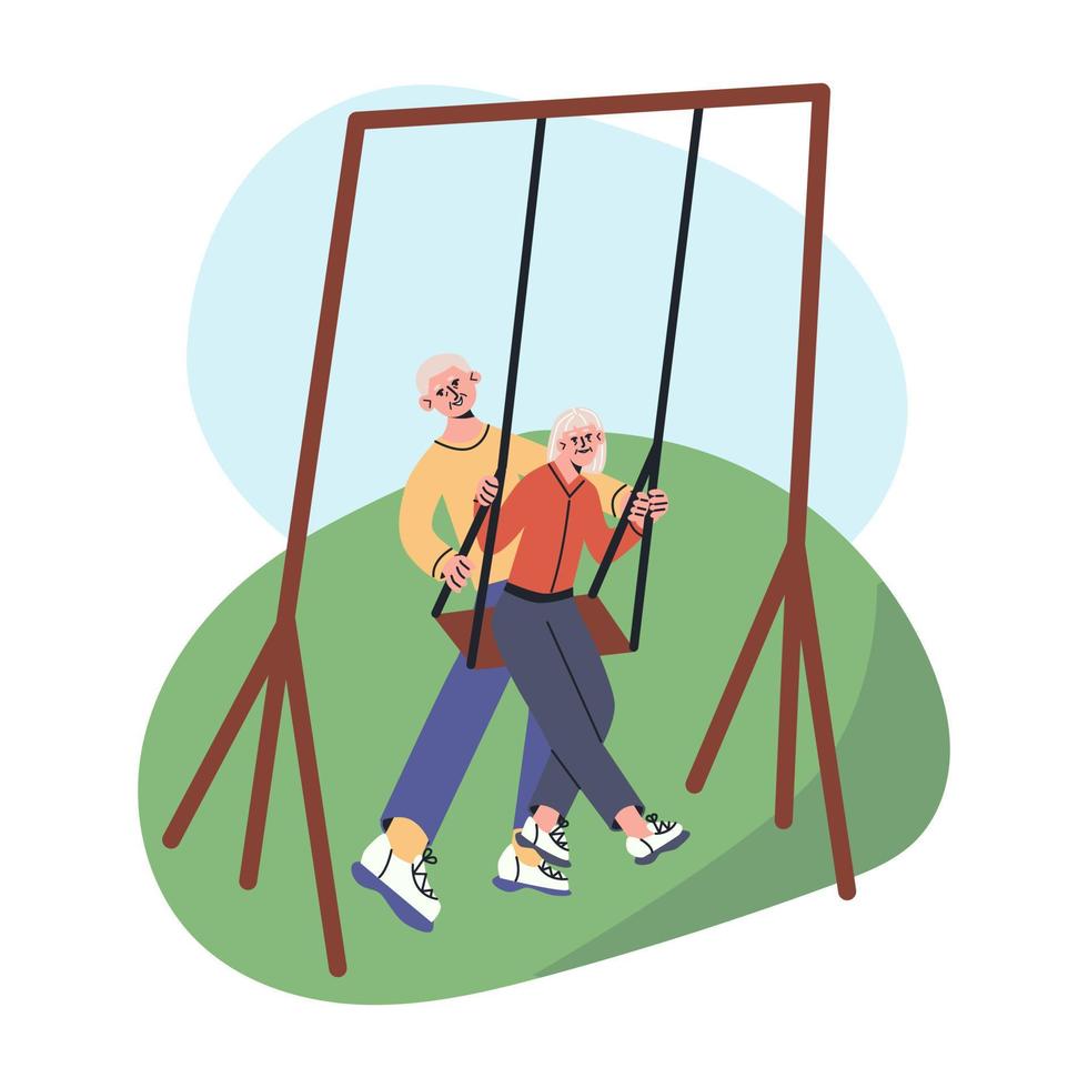 Happy senior couple, husbund swing her wife on a swing. Elderly man and woman lead active lifestyle. vector