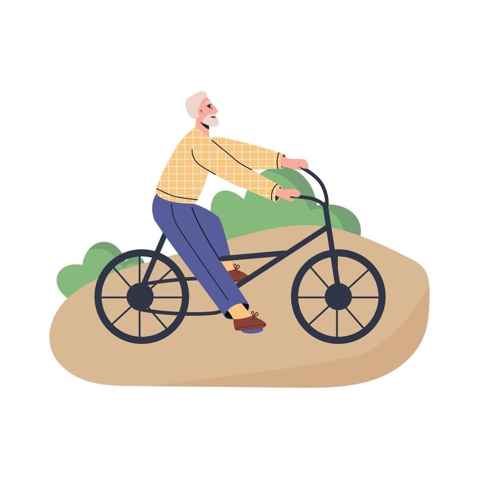 Happy senior men riding bicycles in the park. Elderly lead an active lifestyle. Grandmother spend time outdoors flat vector