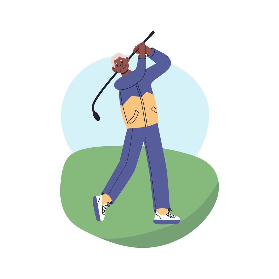 Happy senior playing golf in club park. Elderly man lead active lifestyle. vector