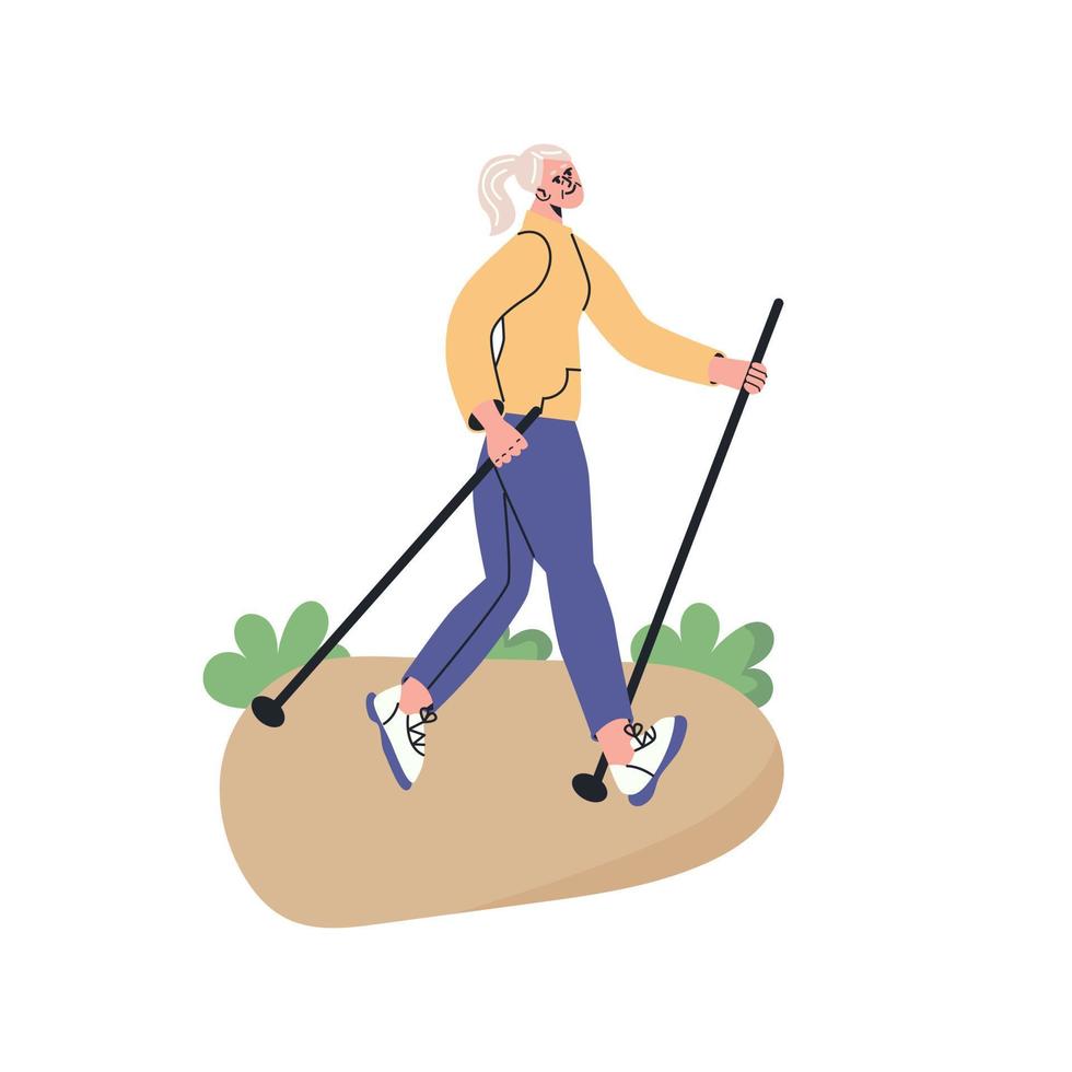Happy senior doing nordic walking with stikcs in park. Elderly woman lead active lifestyle. flat vector
